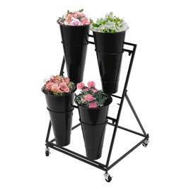 Fichiouy Moving Flower Bucket Stand with Wheels, Metal Flower Display Stand for Store Patio Garden (2-Tier Black with 4 Buckets)