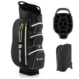 KOTEK Golf Cart Bag, 15 Way Organizer Divider Top with Putter Well, with 7 Pockets, Cooler Bag, Rain Hood, Adjustable Dual Shoulder Strap, Golf Club Bag for Men & Women (Black + Yellow)