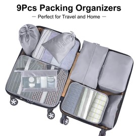 Packing Cubes for Suitcases,MOFELON 9 PCS Travel Luggage Organiser Bags,Waterproof Packing Cubes for Backpack Suitcase,Travel Essentials Bag Compression Storage Bags,Travel Accessories(Grey)