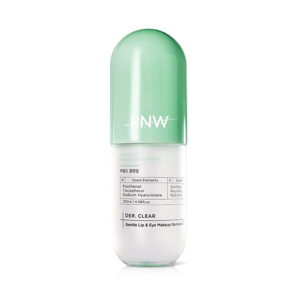 RNW DER. CLEAR Gentle Lip & Eye Makeup Remover, 120ml / 4.05 fl.oz, Vitamin Hydrating Gentle Cleansing for Waterproof Makeup, Paraben Free | Korean Skincare