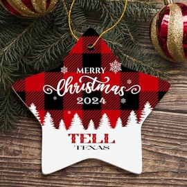 Merry Christmas Tell Ornament Tell TX Christmas Ornament 2024 Gift Family Friend Hometown Souvenir Housewarming Keepsake Star Ornament Tree 3" White
