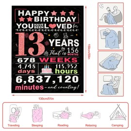 twirush 13th Birthday Gifts for Girls, 50" x 60" Gift for 13 Year Old Girl, Time Counting Birthday Blanket for 2013, Gifts for Girl, Sister, Daughter, Granddaughter, Niece on Birthday