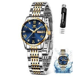 OLEVS Ladies Watches Blue Face Watches Women Silver Gold Small Watches for Women Fashion Two Tone Women's Watches Luminous Waterproof Watch Women with Date Diamond Watch Women