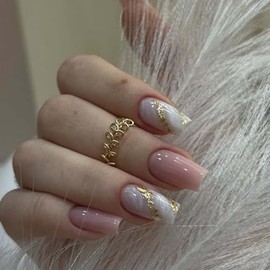 Uñas postizas de ataúd mediano, uñas de cobertura total, uñas de mármol, uñas postizas con degradado para mujeres y niñas, 24 piezas