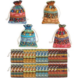 Pack of 32 Fabric Bags with Drawstring, Cotton Linen Jute Fabric Sack, Gift Bags, Ethnic Style, Washable and Lightfast, Gift Bags for Christmas, Birthday, Wedding, Party (10 x 14 cm)