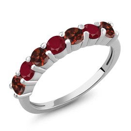 Gem Stone King 925 Sterling Silver Red Garnet and Red Ruby Anniversary Ring For Women | 1.46 Cttw | Round 3.5mm | Available in size 5, 6, 7, 8, 9