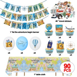 90Pcs Travel Themed Party Decorations Let the Adventure Begin Banner World Map Tablecloth Adventure Awaits Cupcake Toppers Balloons Stickers for Bon Voyage/Going Away/Farewell/Office Party Baby Shower