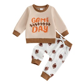 LIOMENGZI Toddler Baby Boy Fall Outfits Funny Print Clothes Set 6 12 18 24 Months Sweatshirt pant set Infant Clothes 2T 3T (Beige Football, 0-6 Months)