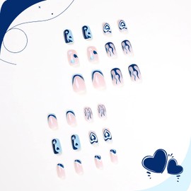 Heart Press On Nails - Short Square Blue Full Cover French Tip False Nails with Designs for Valentines Day