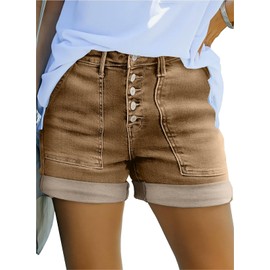 Sidefeel Womens Jean Shorts Casual High Waisted Stretchy Buttoned Folded Hem Jean Shorts Brown Size 10
