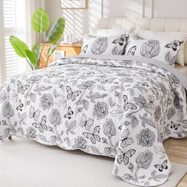 EVENHUG Quilt Set Queen Size Botanical 3 Pieces Quilted Bedding Set with Floral Butterfly Pattern Lightweight Coverlet Bedspread for All Season(92"X96", Queen)