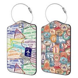2 Pack Luggage Tags for suitcases Passport Stamp Leather Luggage Tag, Identifiers with Privacy Name ID Label and Metal Loop for Men Women Travel Bag Suitcase
