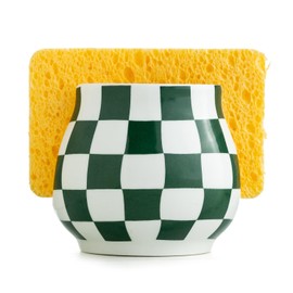 Zoeeker Kitchen Sponge Holder, Ceramic Sponge Organizer Checkered Scrubby Holder Sink Caddy Scrub Dish Rack for Kitchen, Bathroom, Sink, Christmas Decor, Green and White