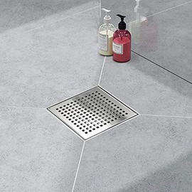 Elefloom Shower Drain, Square Shower Drain 4 inch with Removable Grid Panel, Professional Brushed AISI 304 Stainless Steel Shower Drain with Hair Strainer