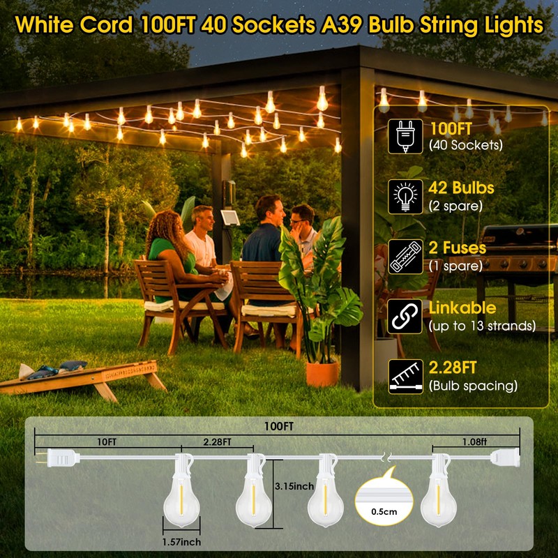 Larkvue 100FT Outdoor String Lights, LED Patio Lights with 42