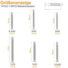Confirmat Furniture Screws Furniture Connectors 110 Pieces 5 x 40 5 x 50 6.3 x 40 6.3 x 50 7 x 70 Connection Screws for Furniture