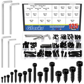 Glarks 125pcs M2 / M3 / M4 / M5 / M6 schwarze Hex Socket Head Cap Selbstanschlussschraube-Kit, 120pcs 16 Größen Sechseck Socket Head Cap Holzschrauben, 5pcs 5 Größen Hex Schlüssel für Bau-Tischlerei