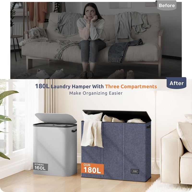 SOLEDI 180L 3-Section Laundry Hamper with Lid, Extra Large Dirty
