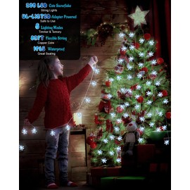 Christmas Snowflake String Lights Outdoor, 200 LED 82FT Icicle Lights Waterproof with 8 Modes Timer Xmas Decorations, Plug in Fairy Lights for Curtain, Eaves, Window, Party, Tree, Garden, Yard- White