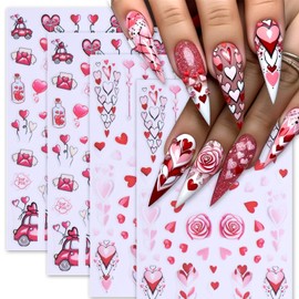 4 Sheet Valentine's Day Nail Art Stickers Pink Red Series Heart Nail Decals 3D Self-Adhesive Romantic Rose Nail Supplies DIY Cartoon Car Acrylic Nails Decoration Accessories for Women and Girls