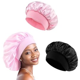 2 Stücke Schlafhaube Seide zum Nacht Haarhaube für die Nacht für Damen,Verstellbare Satin Haarhaube mit Elastik band(Schwarzer& Rosa)