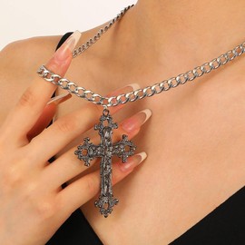 Wendalern Gothic Black Cross Necklace Diamond Crystal Cross Pendant Necklace Cuban Link Chain Cross Necklace Engraved Flower Crucifix Religious Necklace Jewellery for Women, Zinc, No Gemstone