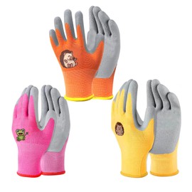 CubePlug Girls and Boys 3 Pairs Kids Gardening Gloves for Age 4-11, Non-Slip Work Gloves, Kids Gardening Work Gloves,Foam Rubber Coated Gardening and Work Gloves (Orange+Yellow+Pink, Age(4-5))