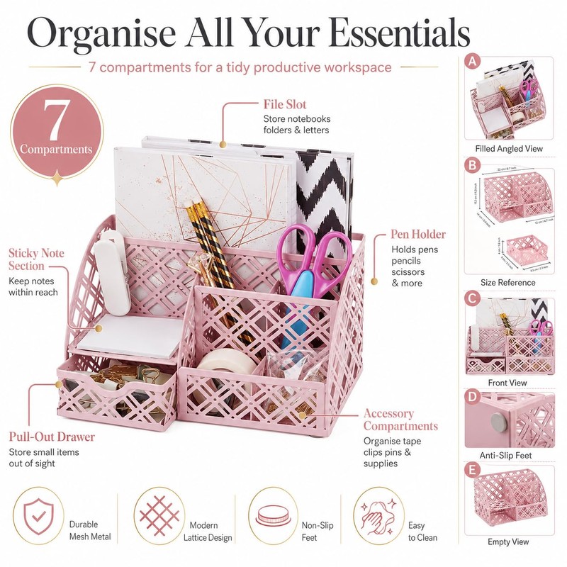 Exerz Desk Organiser, Desk Tidy, Pen Holder, Multifunctional, Metal, Drawer,