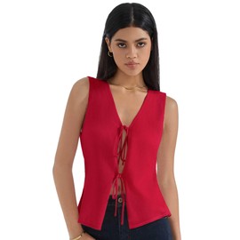 SUUKSESS Women Tie Front Top Sweater Vest Summer Vacation Outfits Trendy Tops Vest Y2K Tank Tops Red
