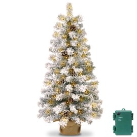 Timer - 3 Ft Artificial Mini Christmas Tree, Thick Snow Flocked Tabletop Christmas Tree with 50 Warm White Lights Battery Operated 102 Snowy Branches 12 Pinecones Burlap Base Xmas Decor Home Indoor