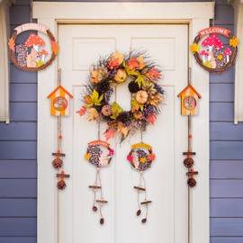 LOLStar Fall Decor, Thanksgiving Decorations 6 Pcs Handmade Natural Wooden Hanging Decor with Pine Cones, Fall Ornaments for Tiered Tray Autumn Farmhouse Home Door Wall Harvest Indoor Vintage Decor