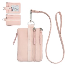 BOSTANTEN Small Wallet RFID, Minimalist Zip ID Case Wallet with Lanyard Keychain, Water Resistant Card Wallets for Women & Men, Pink
