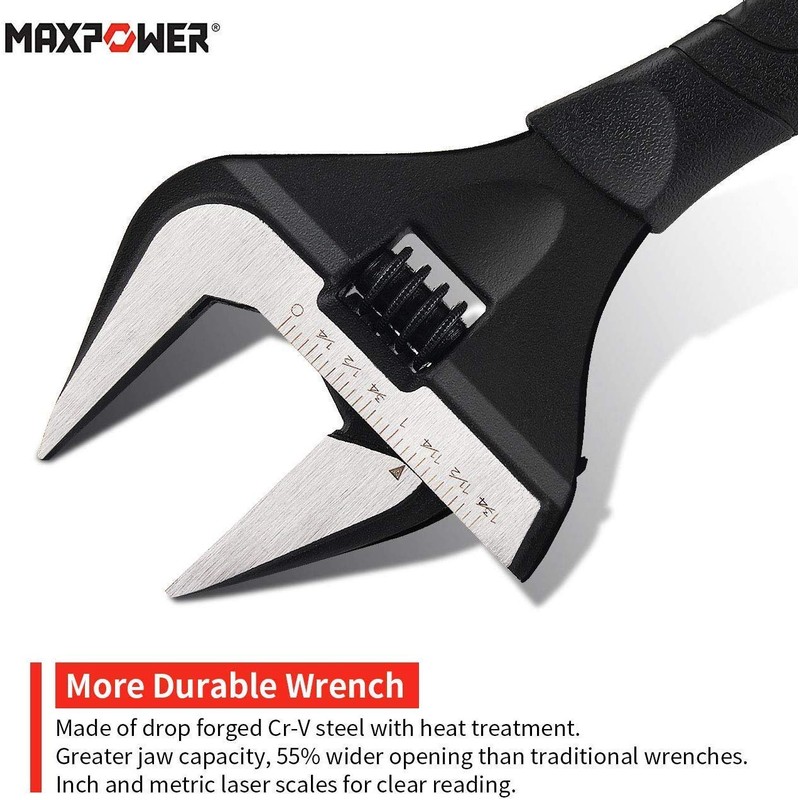 MAXPOWER 10 inch Adjustable Wrench, Wide Jaw Capacity 2 inch