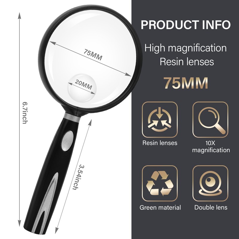 Feosky Handheld Reading Magnifier, 10X Magnifier, 75mm Shatterproof Lens, Non-Slip