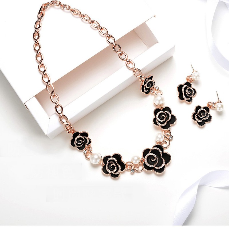 [IUHA] カメリア パール お花 フラワー ネックレス (ブラック)