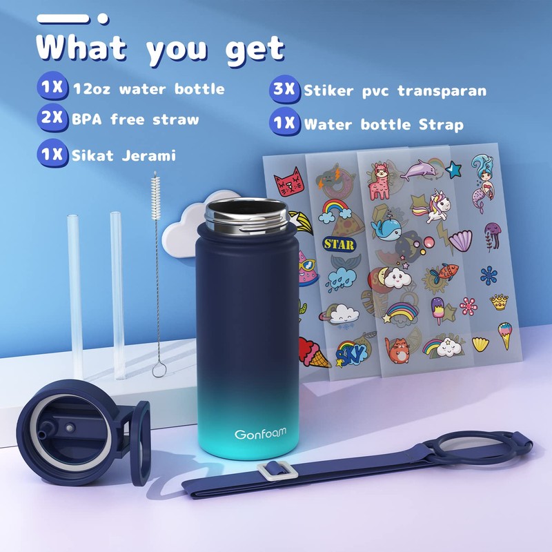 Gonfoam Botella de agua para niños con pajita y calcomanías,