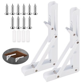 Swpeet 2 Pack 8" Folding Shelf Bracket, Heavy Duty DIY Wall Mounted Shelf Bracket Max Load 100lb, Stainless Steel Decorative L Bracket Kit Contains 16/19MM Screw, Anchors for Table Work Bench, White