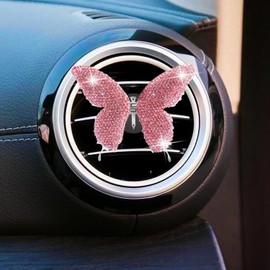 U&M 7 Packs Bling Butterfly Car Accessories for Women Interior Cute Set, Crystal Rear View Mirror Charms Ring Emblem Cup Coasters Butterflies Air Vent Fresheners Clips (Pink)