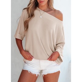 EVALESS Womens Tops 3/4 Length Sleeve Shirts Boat Neck Off The Shoulder T Shirts Business Casual Outfits Apricot Small