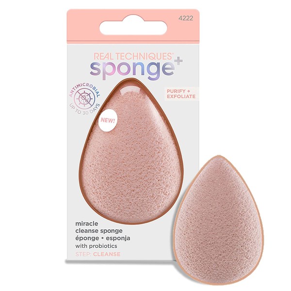 Real Techniques Sponge +, Skin Care Facial Cleanser Tool with Probiotics, Exfoliate and Clean Pores, Miracle Cleansing Sponge