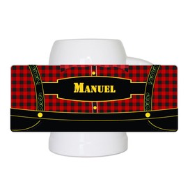 Bierkrug mit bayerischem Lederhosen-Motiv und Namen Manuel personalisiert | Bier-Humpen | Bier-Seidel