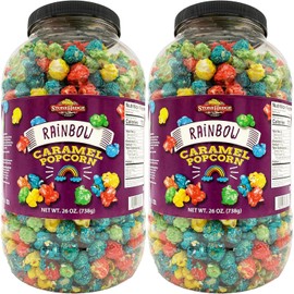 Stonehedge Farms Flavored Rainbow Caramel Popcorn | 26 oz Tub (Pack of 2) | Reclosable Barrels | Red, Yellow, Green and Blue | Colorful Gourmet Carmel Popped Pop Corn | Bulk Shareable Gift