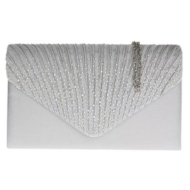 Girly Handbags Womens Pleated Satin Clutch Bag Diamante Shoulder Chain Elegant Prom Wedding Evening - Silver