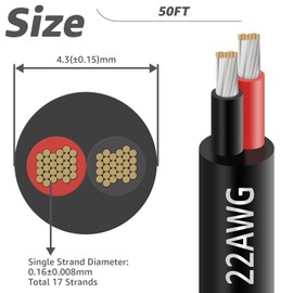 22 Gauge 2 Conductor Electrical Wire, 50FT 22AWG Stranded PVC Cord Tinned Copper Flexible Low Voltage Cable, Flexible Extension Power Cord for LED Strips, Indoor Lamps, Landscape Lighting, Automotive