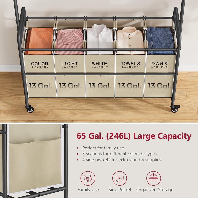 Tajsoon Laundry Sorter with Hanging Bar, 5 Bag Laundry Sorter