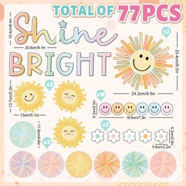 JarThenaAMCS 77 Pcs Summer Shine Bright Sun Bulletin Board Decoration Set Pastel Sun Smile Sunshine Paper Cutouts with 150 Pcs Glue Points for Back to School Party Classroom
