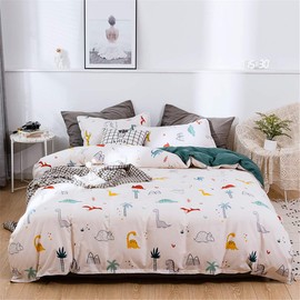 Odot Bed Linen 220 x 240 cm 3-Piece Microfibre Bed Linen Set with Zip + 2 Pillowcases 50 x 75 cm, Children's Bedding Set Duvet Cover with Dinosaur Cartoon Pattern, White Green