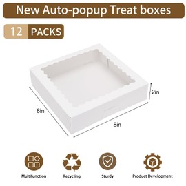 Moretoes 12pcs Bakery Boxes, 8x8x2 Inches Auto-Popup Cookie Boxes with Window, White Treat Containers for Chocolate Strawberries, Donuts, Desserts, Pastries