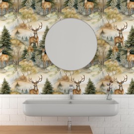 BOKEBEVE Animal Wallpaper Boho Forest Contact Paper Peel and Stick Countertop Cabinet Wall Renter Friendly Wall Paper Milu Deer Elk Tree Fog Removable Self Adhesive 17.5 x 118In