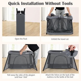 INFANS Travel Crib, Portable Baby Playpen with Removable Bassinet Soft Mattress Carry Bag, Foldable Lightweight Playard Nursery Center for Newborns Toddlers (Dark Gray)